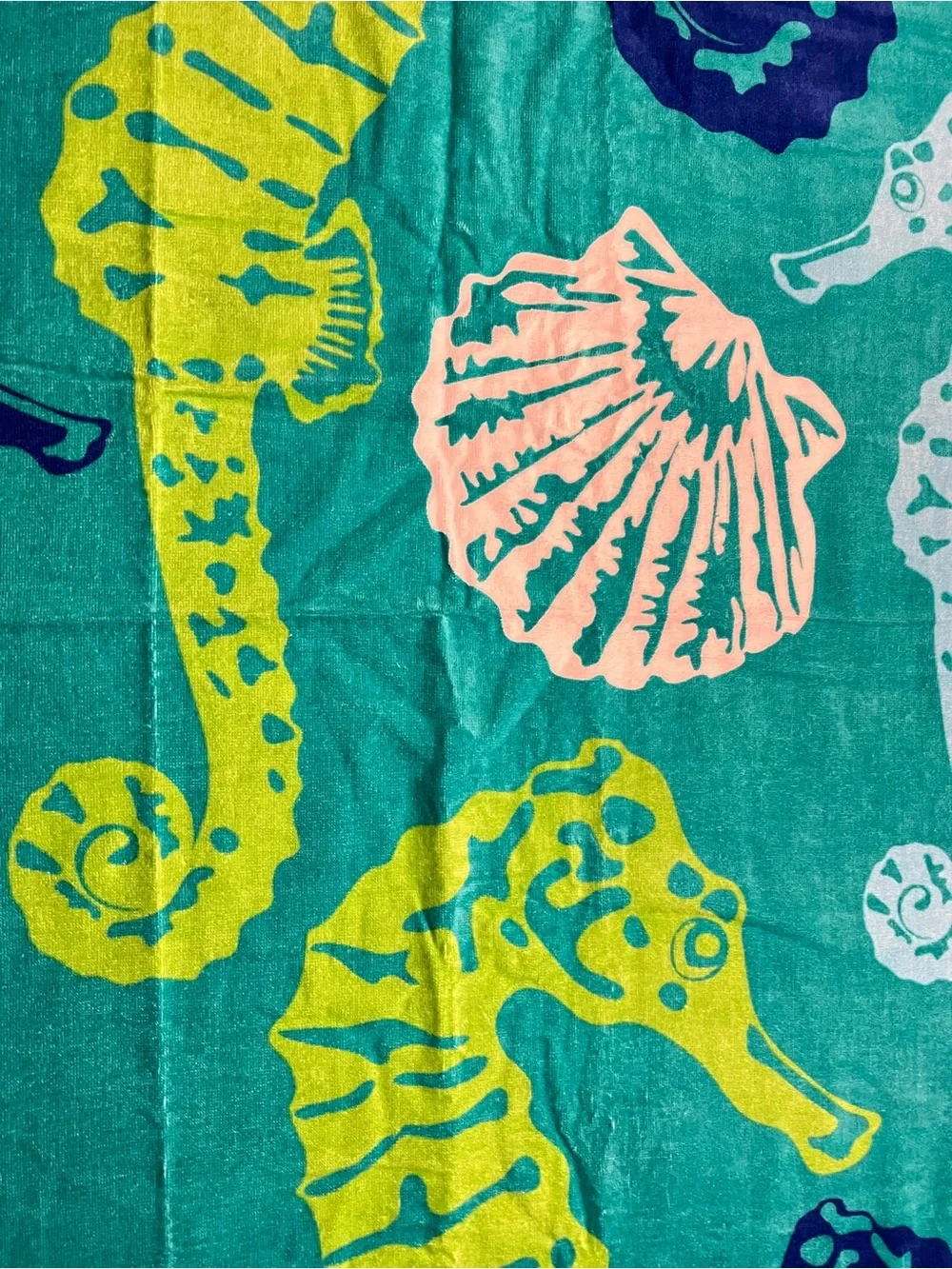 Teal Seahorse and Scallop Seashells Beach Towel